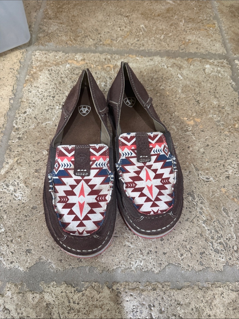 Ariat Brown Slip-On Loafers with Red & Blue Aztec Print